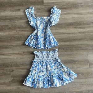 White & Blue Floral Matching Top & Ruffle Skirt Set